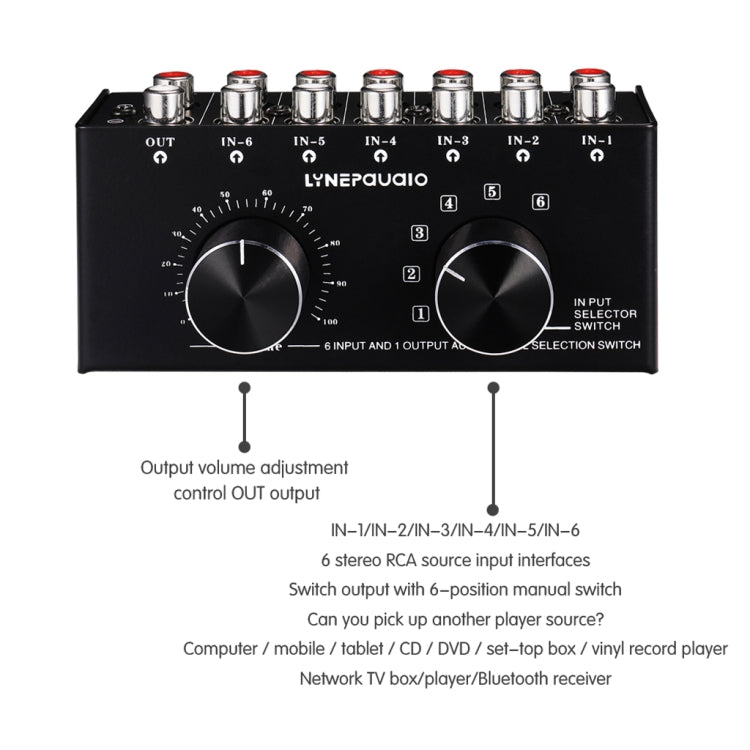 B016 6 Input 1 Output Audio Signal Source Selection Switcher, Output Volume Adjustment Control RCA Port -  by PMC Jewellery | Online Shopping South Africa | PMC Jewellery | Buy Now Pay Later Mobicred