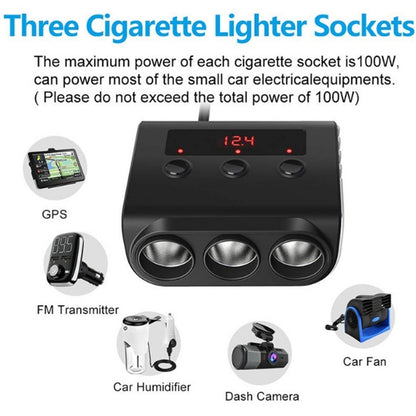 TR12 3 in 1 100W 4USB Car Cigarette Lighter with Switch Voltage Display(Black Red) - Cigar Socket by PMC Jewellery | Online Shopping South Africa | PMC Jewellery | Buy Now Pay Later Mobicred