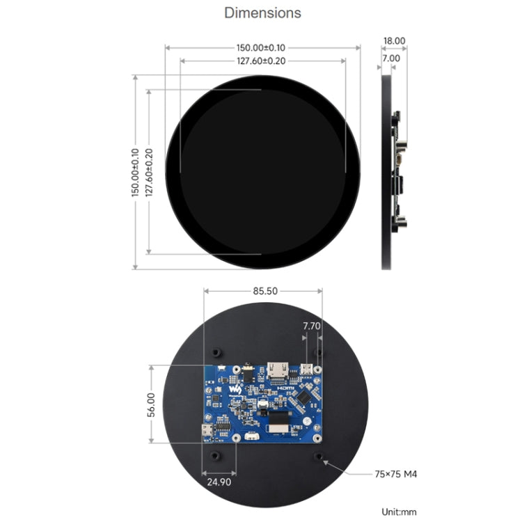 Waveshare 1080x1080 IPS Optically Bonded 5-Inch HDMI Circular 10-Point Touch Screen(24369) - free shipping - PMC Jewellery - Order now!