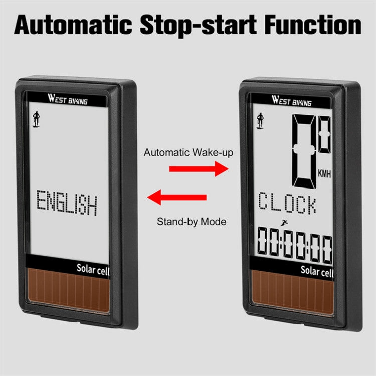 WEST BIKING Wireless Solar Code Table Mountain Road Bike Large Character Code Table Five Language Waterproof Speedometer - Speedometers by PMC TechLife | Online Shopping South Africa | PMC TechLife | Buy Now Pay Later Mobicred