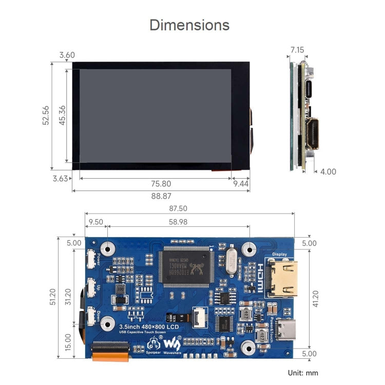 Waveshare 3.5inch 480x800 IPS Capacitive Touch LCD Display For Raspberry Pi ,HDMI Interface - free shipping - PMC TechLife - Order now!