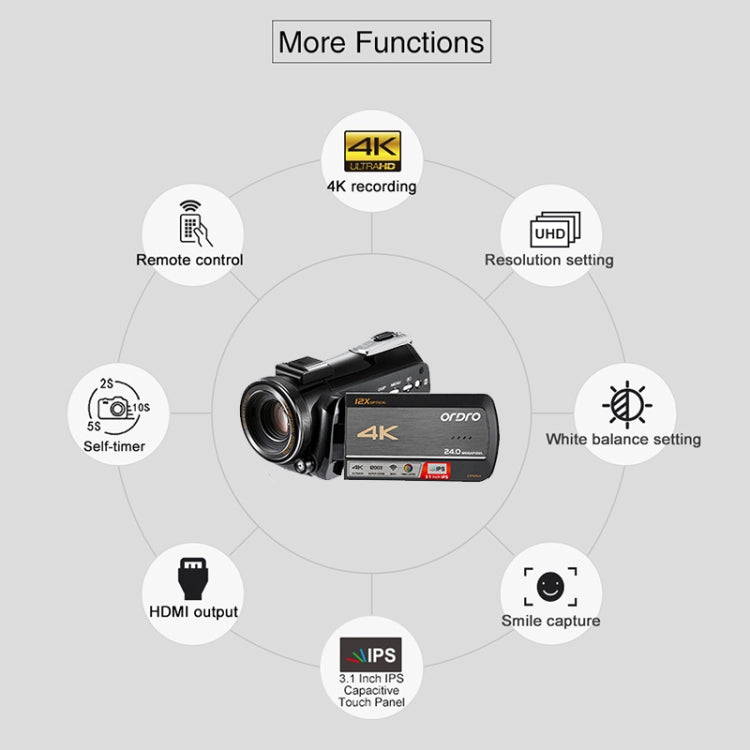 ORDRO AC5 4K HD Night Vision WiFi 12X Optical Zoom Digital Video DV Camera Camcorder, Style:Standard + Microphone(Black) - free shipping - PMc TechLife - Order now!