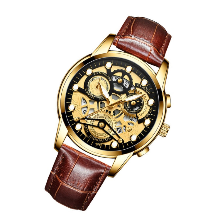 FNGEEN 4088 Men Hollow Quartz Watch Student Waterproof Luminous Watch(Brown Leather Full Gold Black Surface) - free shipping - PMC TechLife - Order now!
