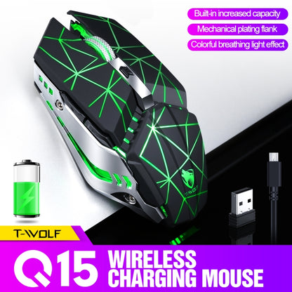 T-WOLF Q15 6-Buttons 1600 DPI Wireless Rechargeable Mute Office Gaming Mouse with 7 Color Breathing Light(Technology Black) - Wireless Mice by T-WOLF | Online Shopping South Africa | PMC Jewellery | Buy Now Pay Later Mobicred