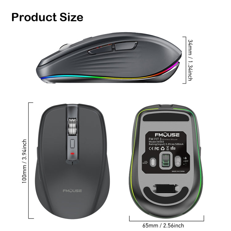 Fmouse M303 2400DPI Bluetooth&2.4G Dual Modes Rechargeable RGB Mouse(White) - Wireless Mice by Fmouse | Online Shopping South Africa | PMC Jewellery | Buy Now Pay Later Mobicred