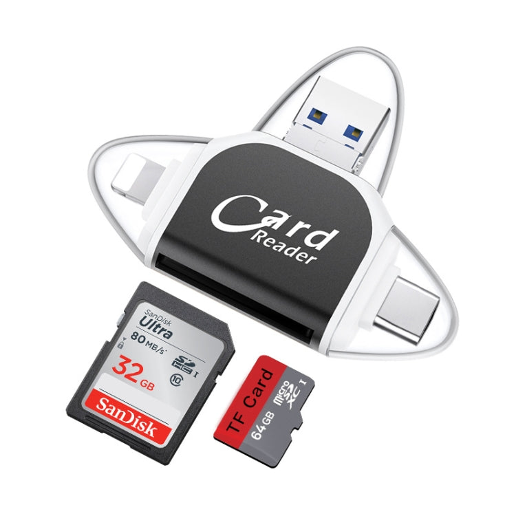 R015 USB2.0 & Micro USB+8Pin+Type-C 4 In 1 Card Reader Supports SD/TF Card(Black) -  by PMC Jewellery | Online Shopping South Africa | PMC Jewellery