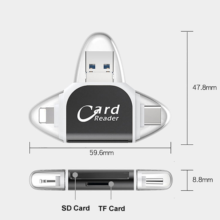R015 USB2.0 & Micro USB+8Pin+Type-C 4 In 1 Card Reader Supports SD/TF Card(Black) -  by PMC TechLife | Online Shopping South Africa | PMC TechLife