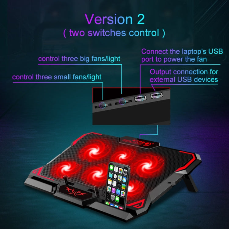 CoolCold  17inch Gaming Laptop Cooler Six Fan Two USB Port 2600RPM Laptop Cooling Pad( Black Red) - free shipping - PMC Jewellery - Order now!