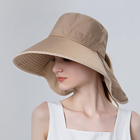 8112 Ladies Sunshade Large Brim Ponytail Bucket Hat(Khaki) - Peaked Cap by PMC Jewellery | Online Shopping South Africa | PMC Jewellery