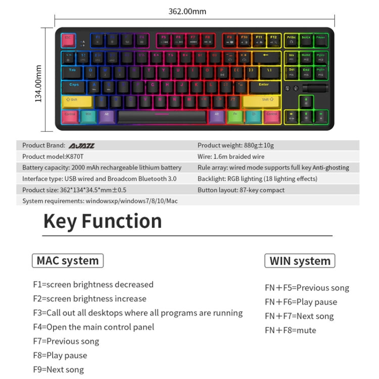 Ajazz K870T 87-Key Hot Swap Bluetooth/Wired Dual Mode RGB Backlight Office Game Mechanical Keyboard Green Shaft (Black) - Wireless Keyboard by Ajazz | Online Shopping South Africa | PMC Jewellery | Buy Now Pay Later Mobicred