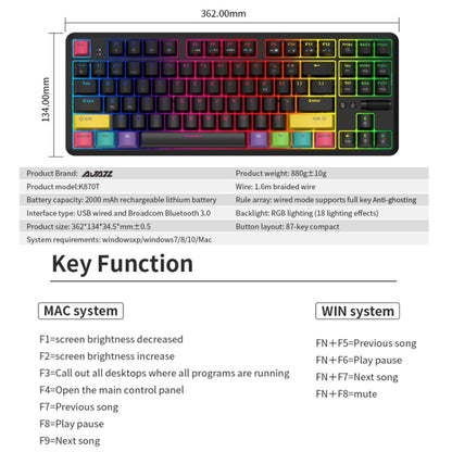 Ajazz K870T 87-Key Hot Swap Bluetooth/Wired Dual Mode RGB Backlight Office Game Mechanical Keyboard Green Shaft (Black) - Wireless Keyboard by Ajazz | Online Shopping South Africa | PMC Jewellery | Buy Now Pay Later Mobicred