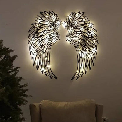 1pair 30cm Double Sided Black Engraved Metal LED Angel Wings Wall Hanging Decoration With Lights - Ornaments by PMC Jewellery | Online Shopping South Africa | PMC Jewellery