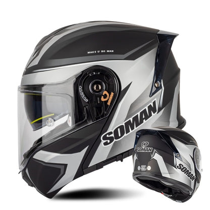 SOMAN Racing Motorcycle Double Lens Riding Safety Helmet, Size: M(Silver Gray Black Vision) - Helmets by SOMAN | Online Shopping South Africa | PMC Jewellery | Buy Now Pay Later Mobicred