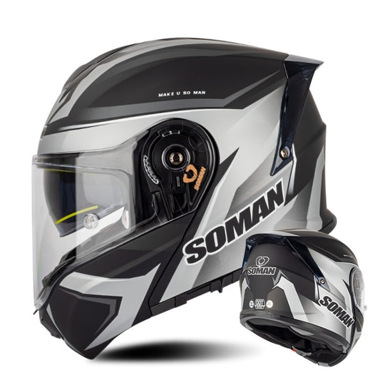 SOMAN Racing Motorcycle Double Lens Riding Safety Helmet, Size: M(Silver Gray Black Vision) - Helmets by SOMAN | Online Shopping South Africa | PMC Jewellery