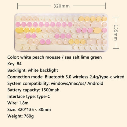 Ajazz K840T 84-Key Wireless/Bluetooth/Wired Three-Mode Round Key Punk Keycap Mechanical Keyboard Green Shaft (White Peach Mousse) - Wireless Keyboard by Ajazz | Online Shopping South Africa | PMC Jewellery | Buy Now Pay Later Mobicred