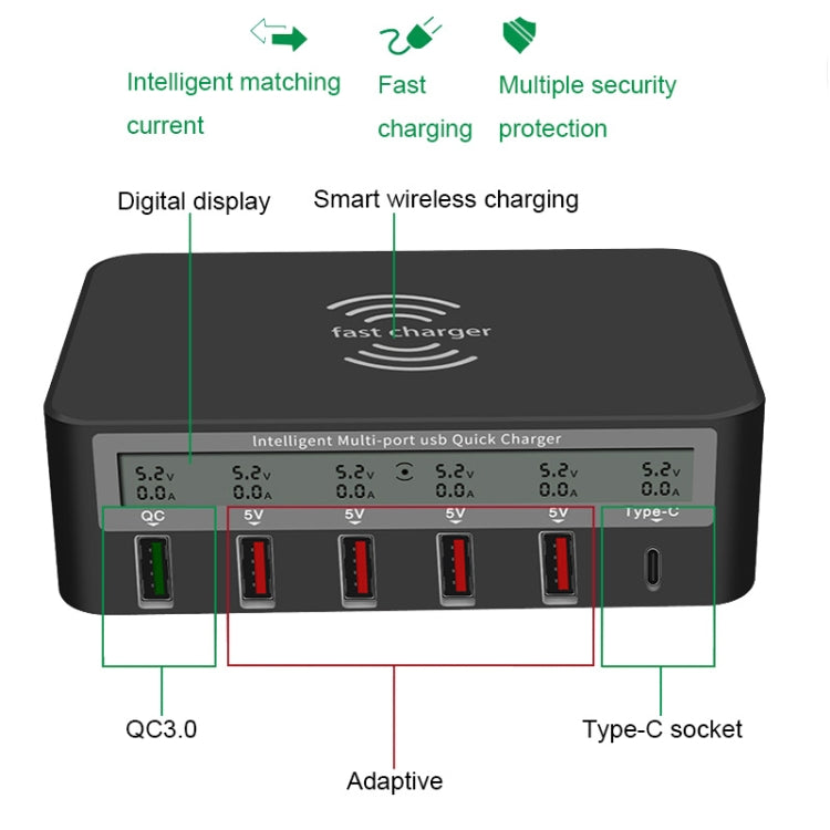 818F 5 USB Ports + Type-C Multifunctional Multi-Port Wireless Charger, Style: AU Plug (Black) - Multifunction Charger by PMC Jewellery | Online Shopping South Africa | PMC Jewellery | Buy Now Pay Later Mobicred