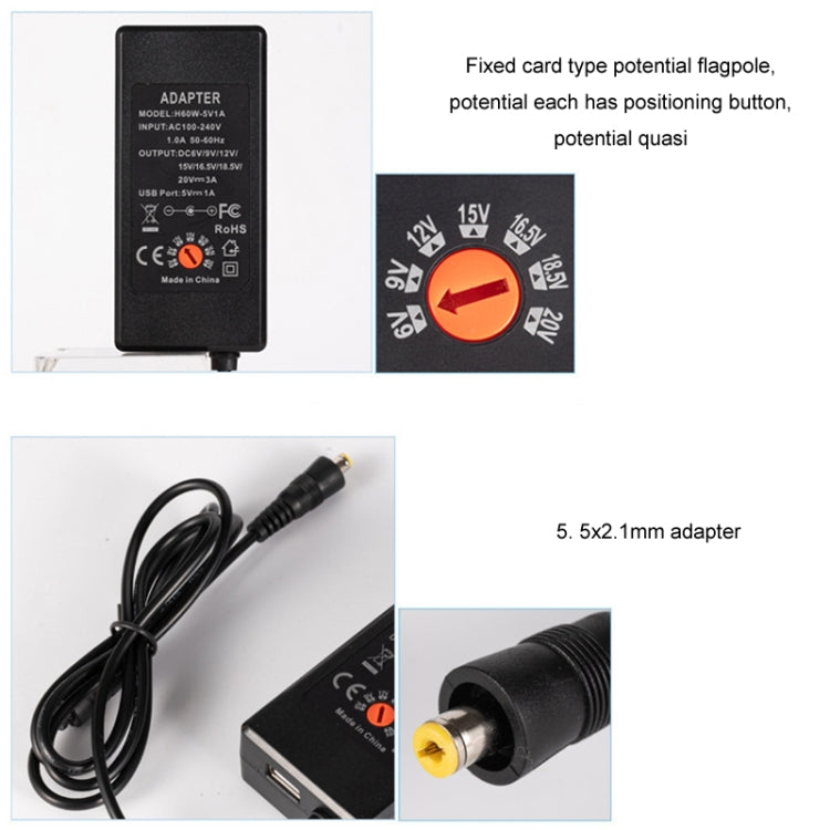 65W 6-20V Adjustable 3A DC Power Adapter Charger, Specification: US Plug - Universal Power Adapter by PMC TechLife | Online Shopping South Africa | PMC TechLife | Buy Now Pay Later Mobicred