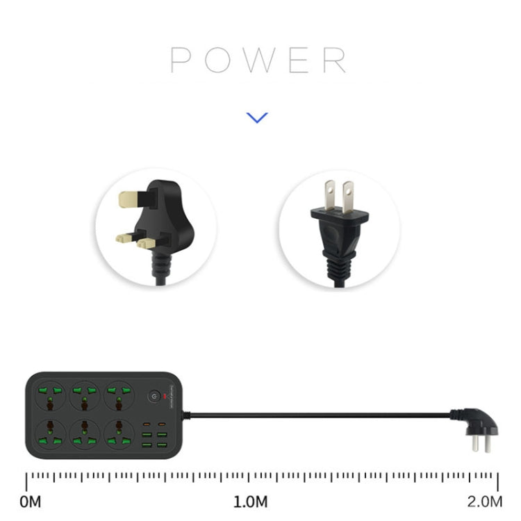 T24 2m 3000W 6 Plugs + PD + 4-USB Ports Multifunctional Flame-Retardant Socket With Switch(US Plug) - Extension Socket by PMC Jewellery | Online Shopping South Africa | PMC Jewellery | Buy Now Pay Later Mobicred