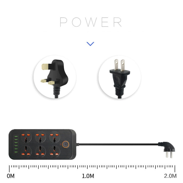 A07 2m 3000W 6 Plugs + 6-USB Ports Multifunctional Flame-retardant Socket with Switch(US Plug) - Extension Socket by PMC Jewellery | Online Shopping South Africa | PMC Jewellery | Buy Now Pay Later Mobicred