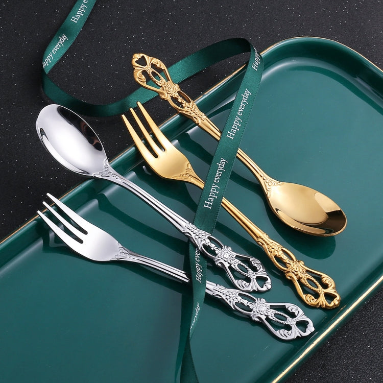 2pcs /Pack Retro Openwork Carved Dessert Spoon Fork Set Engraved Cutlery Gift Box, Style: Pink Box (Gold) - Cutlery Sets by PMC TechLife | Online Shopping South Africa | PMC TechLife