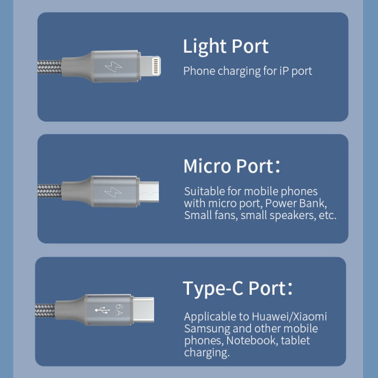 ROMOSS 3-In-1 66W 6A USB To 8 Pin / Type-C / USB-C / Micro Charging Cable Nylon Braid Cord 1M(Gray) - Multifunction Cable by ROMOSS | Online Shopping South Africa | PMC Jewellery | Buy Now Pay Later Mobicred