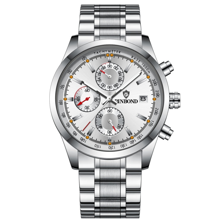 BINBOND B6022 30m Waterproof Luminous Multifunctional Quartz Watch, Color: White Steel-White - Metal Strap Watches by BINBOND | Online Shopping South Africa | PMC Jewellery