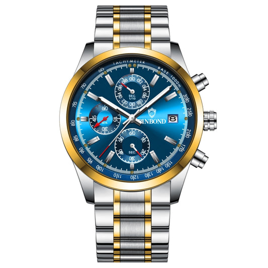 BINBOND B6022 30m Waterproof Luminous Multifunctional Quartz Watch, Color: Inter-Gold-Blue - Metal Strap Watches by BINBOND | Online Shopping South Africa | PMC Jewellery | Buy Now Pay Later Mobicred