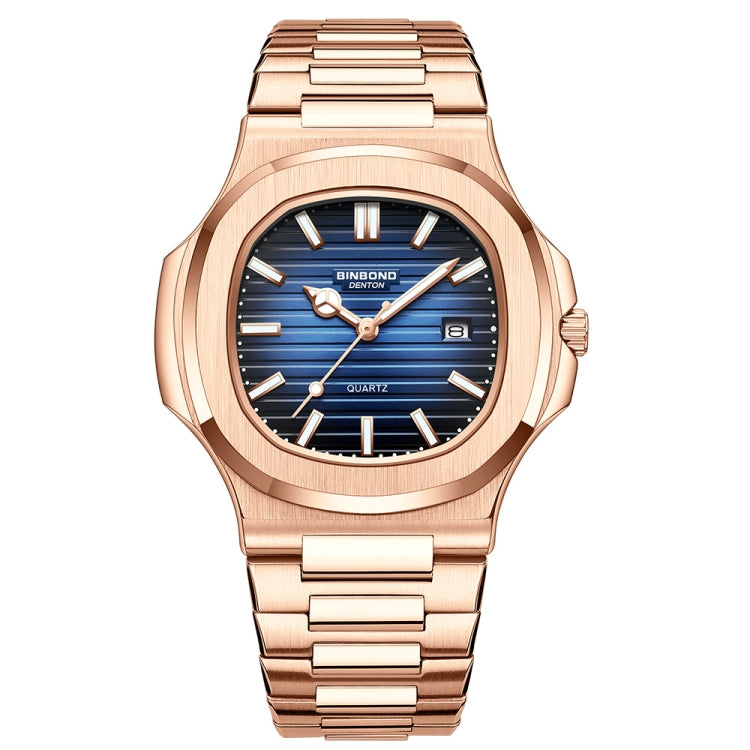 BINBOND B1885 30m Waterproof Retro Luminous Square Men Quartz Watch, Color: Rose Gold-Blue - Metal Strap Watches by BINBOND | Online Shopping South Africa | PMC Jewellery