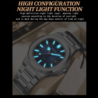 BINBOND B1885 30m Waterproof Retro Luminous Square Men Quartz Watch, Color: Black Steel-Blue-White - Metal Strap Watches by BINBOND | Online Shopping South Africa | PMC Jewellery | Buy Now Pay Later Mobicred