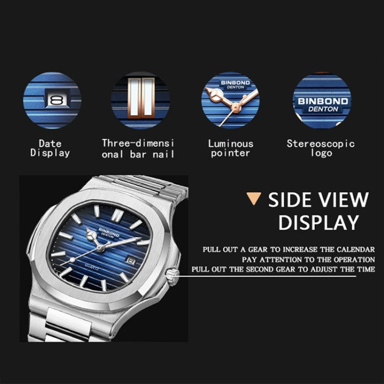 BINBOND B1885 30m Waterproof Retro Luminous Square Men Quartz Watch, Color: Black Steel-Blue-White - Metal Strap Watches by BINBOND | Online Shopping South Africa | PMC Jewellery | Buy Now Pay Later Mobicred