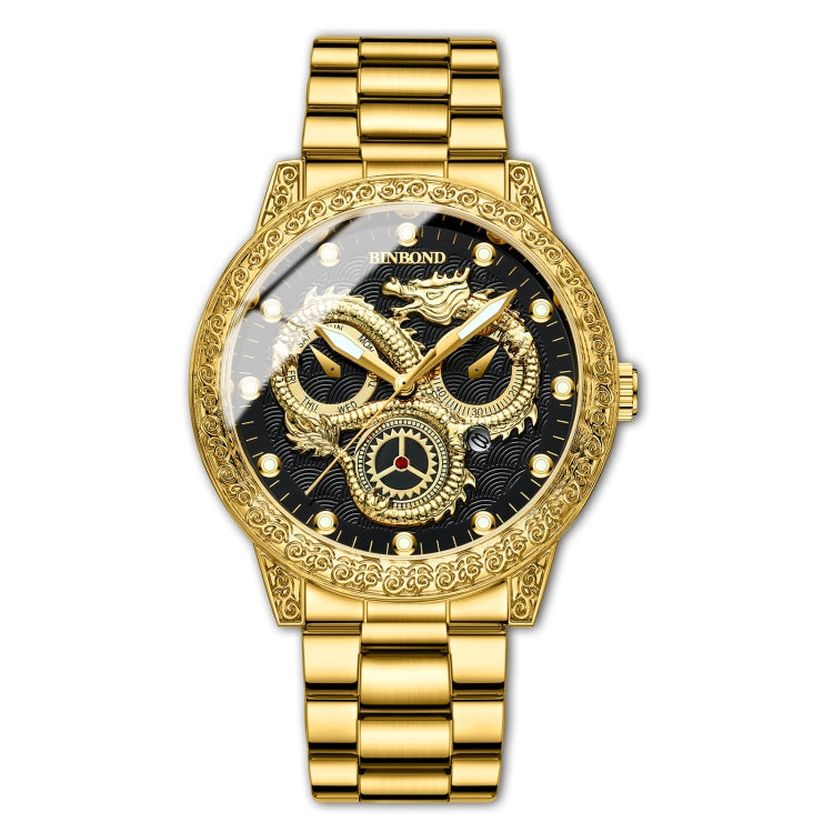 BINBOND B3030 Embossed Dragon Luminous Waterproof Quartz Watch, Color: Full-gold Black - free shipping - PMC TechLife - Order now!