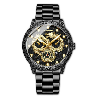 BINBOND B3030 Embossed Dragon Luminous Waterproof Quartz Watch, Color: Black Steel-Black - Metal Strap Watches by BINBOND | Online Shopping South Africa | PMC Jewellery | Buy Now Pay Later Mobicred