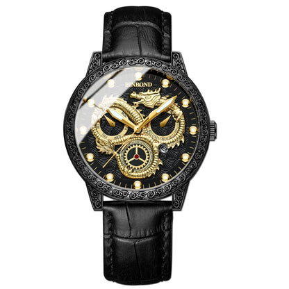 BINBOND B3030 Embossed Dragon Luminous Waterproof Quartz Watch, Color: Black Leather-Black Steel-Black - Leather Strap Watches by BINBOND | Online Shopping South Africa | PMC Jewellery | Buy Now Pay Later Mobicred