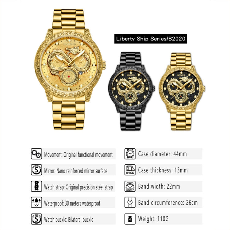 BINBOND B3030 Embossed Dragon Luminous Waterproof Quartz Watch, Color: Full-gold White - Metal Strap Watches by BINBOND | Online Shopping South Africa | PMC Jewellery | Buy Now Pay Later Mobicred