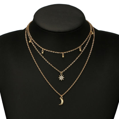 Versatile Round Beads Tassel Collarbone Chain Diamonds Eight-Pointed Star Moon Pendant Necklace(Gold) - Necklaces & Pendants by PMC Jewellery | Online Shopping South Africa | PMC Jewellery