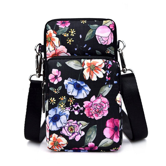 Printed Crossbody Mobile Phone Bag Mini Wallet With Arm Band, Style: Black Flower1 - Single-shoulder Bags by PMC Jewellery | Online Shopping South Africa | PMC Jewellery | Buy Now Pay Later Mobicred