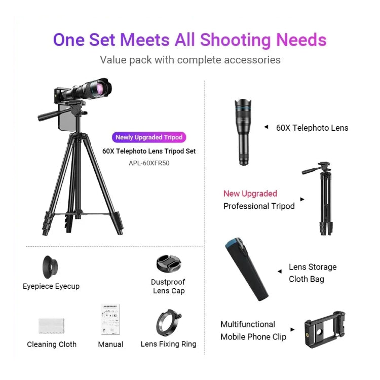APEXEL 60X Smartphone Telescope Lens With Extendable Tripod Set - free shipping - PMC Jewellery - Order now!