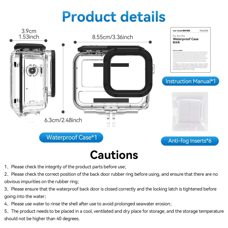 For Insta360 Ace Pro Camera TELESIN 45m Waterproof Case Underwater Diving Housing Cover - Case & Bags by TELESIN | Online Shopping South Africa | PMC TechLife | Buy Now Pay Later Mobicred
