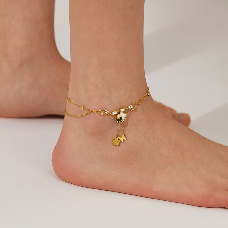 OPK GZ192 Simple Delicate Tassel Butterfly Flower Double Layers Stainless Steel Anklets(Gold) - Anklets by OPK | Online Shopping South Africa | PMC Jewellery | Buy Now Pay Later Mobicred