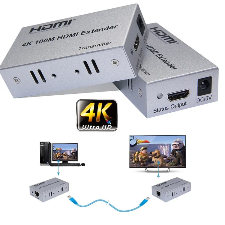 HDMI To RJ45 Single Ethernet Cable 100m Extender 4K HD Cable Signal Amplifier UK Plug(Silver) - Amplifier by PMC Jewellery | Online Shopping South Africa | PMC Jewellery | Buy Now Pay Later Mobicred