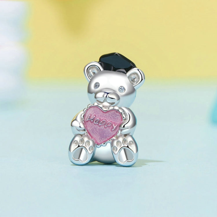 S925 Sterling Silver Platinum-plated Happy Bear Heart DIY Beads(SCC2838) - Jewelry Accessories by PMC Jewellery | Online Shopping South Africa | PMC Jewellery | Buy Now Pay Later Mobicred