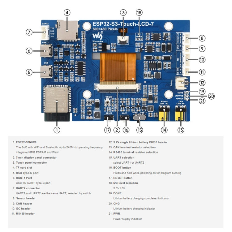 Waveshare ESP32-S3 7-Inch 800 X 480 Touch Display Development Board(27078) - free shipping - PMC Jewellery - Order now!