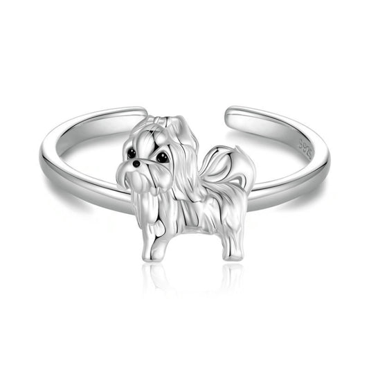 S925 Sterling Silver Platinum-plated Cute Shih Tzu Open Ring Adjustable Animal Jewelry Ring(SCR1073-E) - Rings by PMC Jewellery | Online Shopping South Africa | PMC Jewellery | Buy Now Pay Later Mobicred