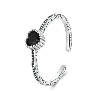 S925 Sterling Silver Oxidized Heart Of The Night Open Ring Adjustable Heart-shaped Ring(SCR1074-E) - Rings by PMC Jewellery | Online Shopping South Africa | PMC Jewellery | Buy Now Pay Later Mobicred