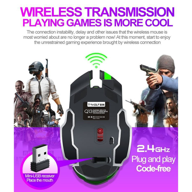 T-WOLF Q13 2.4GHz 6-keys RGB Colorful Light Gaming Wireless Mouse, Color: Dual Mode Star Black - Wireless Mice by T-WOLF | Online Shopping South Africa | PMC TechLife | Buy Now Pay Later Mobicred