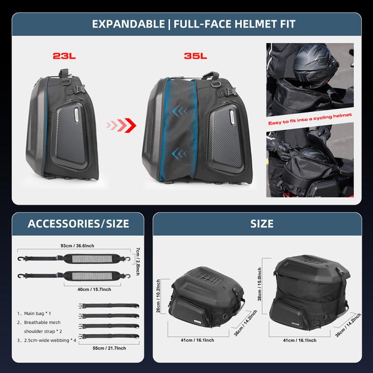 Rhinowalk MT2335 23L-35L Expandable Large-capacity EVA Hard Shell Motorcycle Tail Bag(Carbon Fiber) - free shipping - PMc TechLife - Order now!
