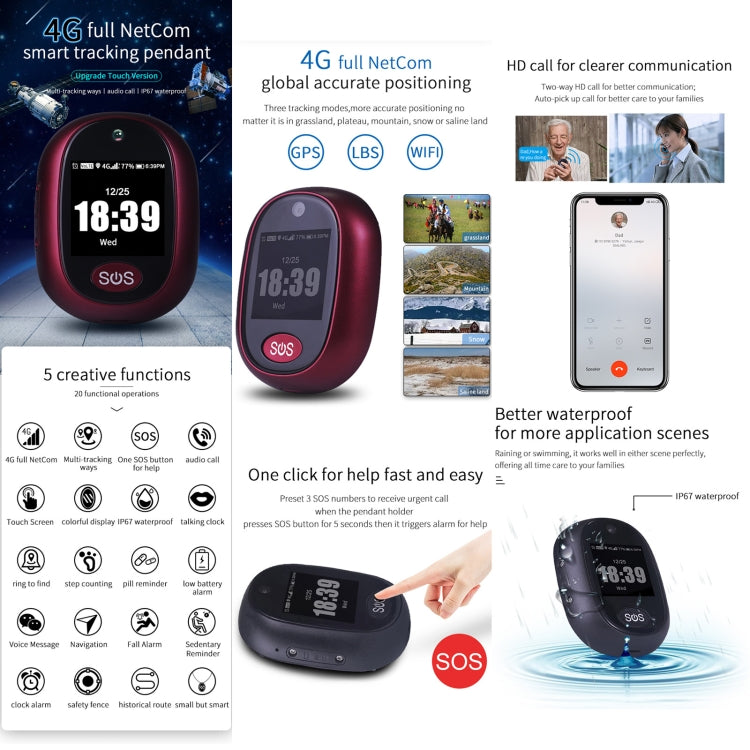 REACHFAR RF-V45-B Mini Touch Screen GPS Smart Tracker Pendant, Support SOS / Camera / Health Management / Video Calling / 4G LTE, For North America / South America(Wine Red) - free shipping - PMC TechLife - Order now!