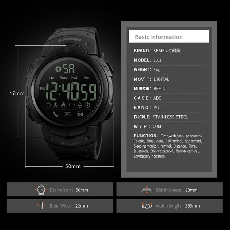 SKMEI 1301 Multifunction 50m Waterproof Sports Bluetooth Smart Watch, Compatible with Android & iOS System(Black) - free shipping - PMC TechLife - Order now!