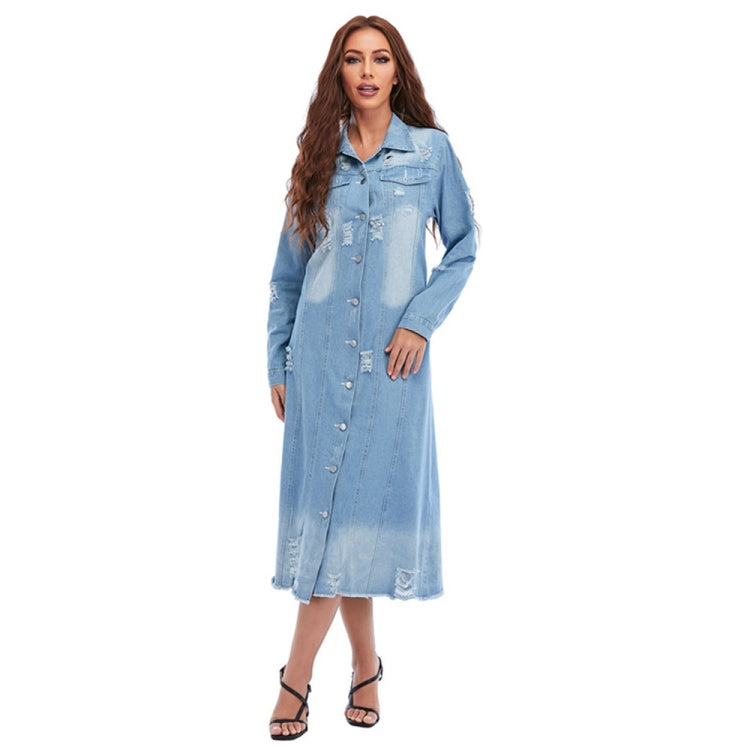 Loose Long Sleeve Ripped Denim Long Top (Color:Blue Size:S) - Jacket & Loose Coat by PMC Jewellery | Online Shopping South Africa | PMC Jewellery