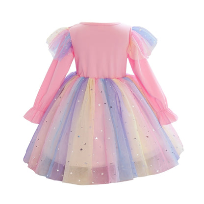 Children Dress With Flying Sleeves Rainbow Sequined Mesh Princess Dress (Color:Pink Size:130) - Girl Clothing by PMC Jewellery | Online Shopping South Africa | PMC Jewellery